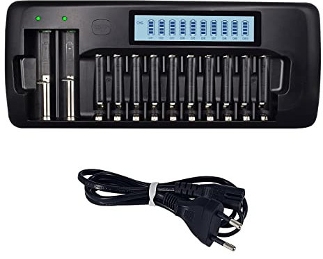 Palogreen Inteligente Cargador de Piles - 12 Ranuras Cargador de Batería con Pantalla LCD y Función de Descarga para Batería Recargable 1.2V AA/AAA NI-MH