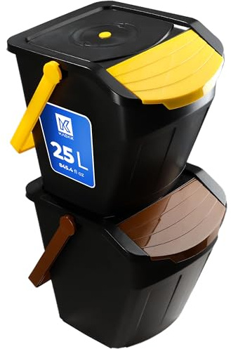 KADAX Recycling Bins, Waste Separation System for Indoor and Outdoor Use, Stackable Containers for Separating Plastic and Organic Waste (2 x 25L)