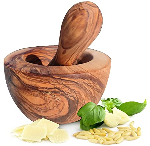 Mortero con mortero de madera de olivo, hecho a mano con borde natural, mortero de cocina, mortero de madera sostenible, diámetro de (12 cm de diámetro)