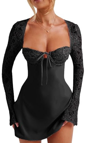 SANSIWU Women's Mini Dress, Low-Cut Long Sleeve Backless Tie-Up Lace Patchwork Cocktail A-Line Clubwear Streetwear (Black, M)