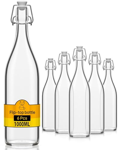 Flaschen-Fuchs Juego de 6 botellas de vidrio de 1L con cierre hermético - Botella para aceite, vino, licores, agua, cerveza, jugos de fruta, conservas y leche - Botellitas de vidrio pequeñas