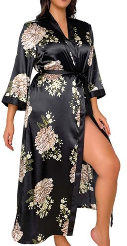 NSICBMNO Black Silk Dressing Gown For Women Uk Plus Size Kimono Robes Long Dressing Gowns Lightweight Housecoats Satin Floral Robes Sexy Nightwear Full Length Bathrobes Spa Robe Sleepwear With Belt