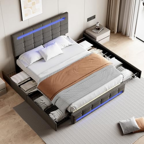 ModernLuxe 4FT6 Double Bed, Upholstered Bed Frame with LED Lighting and Storage Drawers, Adjustable Button Tufted Headboard, Storage Bed, No Box Spring Needed, Easy Assembly, Linen, Grey, 135x190cm