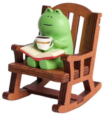 KARLOR Frog Figure decoration small, Frog drinking coffee on rocking chair Frog ornaments Car Decor Frog Statue Garden decoration dollhouse decoration desktop table decoration