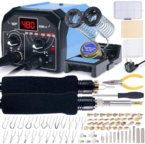 WEP 939D-II 2-in-1 Brandmalkolben Set 86-teilig – Brandmalerei Set mit 51 festen Spitzen & 23 Drahtspitzen – Brennpeter für Holzgravur inkl. Schablonen, Holzbrennstift & Zubehör (EU-Stecker)