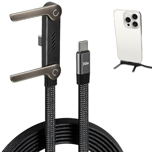 Swiftctrl Câble de chargeur 2-en-1 240W avec Support Latéral Invisible, Câble de Charge Rapide Type-C avec Support Téléphone Intégré, Câble Tressé 1,5 m pour Smartphones et Tablettes