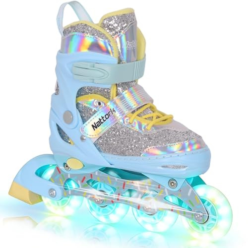 Nattork Kids Inline Skates for Girls Kids, 4 Sizes Adjustable Girls Blades Roller for Ages 3-12 with Light up Wheels & Safety Protection - Cool Birthday Gift for Indoor Outdoor Sports