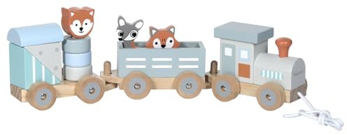 Kindsgut Kleiner Holzzug mit Holzbausteinen und Zootieren, dezente Farben und hochwertige Qualität, umweltfreundliche und schadstofffreie Materialien, Streifen