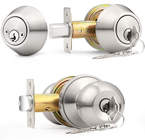 Probrico Satin Nickel Entry Door Knob and Double Cylinder Deadbolt Combo Pack, Keyed on Both Sides, Front Door and Exterior Gate Lockset Hardware