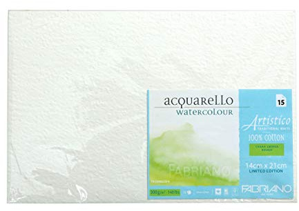 Fabriano Artistico Traditionellt vitt akvarellpapper grov 300 GSM 14 x 21 cm (paket med 15 ark)