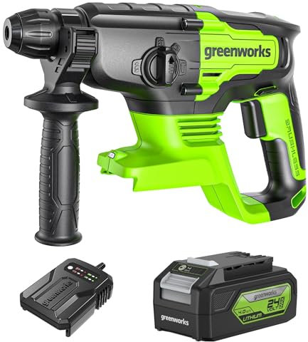 Greenworks Professional 2J Bohrhammer 24V Akku-Schlagbohrmaschine mit 4Ah Akku und Ladegerät,SDS-Plus, Sicherheitskupplung mit Vario-Lock und Rotationsstopp, 4550 IPM und 1000RPM Grün