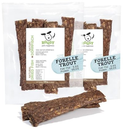 ROQSY Natur-Dörrfisch 100% Forelle Trockenfisch für Hunde, Proteinreich & fettarm, Barf-Ergänzung, getreidefrei, Jerky, Hundesnack, Kaustreifen, Leckerli, Kaufisch für Allergiker - 200g