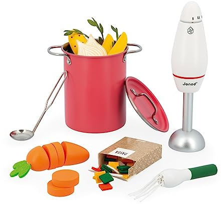 Janod Suppen-Set für Kinder-43 Zubehörteile aus FSC-Holz, Pappe und Filz-Rollenspielzeug-Ab 3 Jahre, J06634, Mehrfarbig