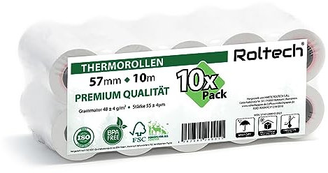 ROLTECH | 10 Thermorollen | 57mm x 10m x 12mm | BPA frei | EC Cash | Kassenrollen | Thermopapier | Bonrollen | Premium Qualität (10 Rollen)