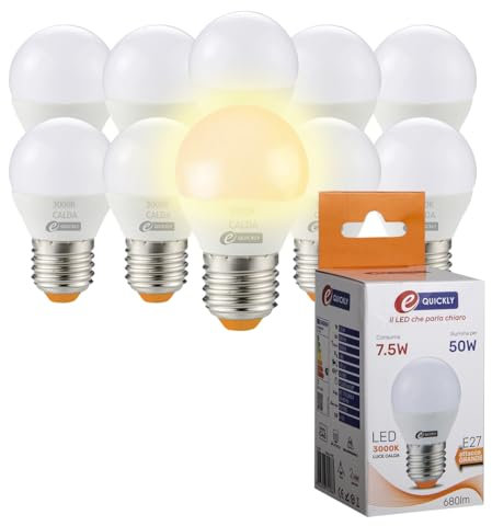 E-QUICKLY Lampadine Led E27 luce calda - 7,5W equivalenti 50w, 680 lumen, Lampadina luce led calda 3000k, Lampada led attacco grande, Lampadina E27, lampade sfera alta efficienza basso consumo, 10 PZ