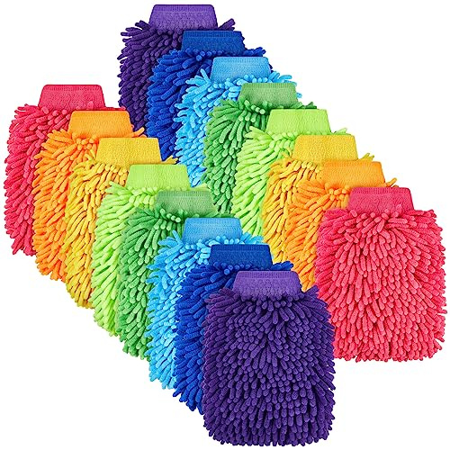 Toulite 16 Pcs Car Wash Mitt Chenille Microfiber Wash Mitt Double Sided Glove Cleaning Drying Mitts (7.48 x 10.24 Inch,Bright Colors)