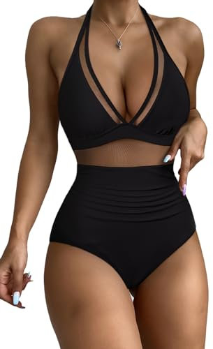 RXRXCOCO Mesh Badeanzug Damen Sexy Bauchweg Push Up Shape Bademode Neckholder Rückenfrei Badeanzug Mit Cups Monokini Swimsuit Schwarz Size XL