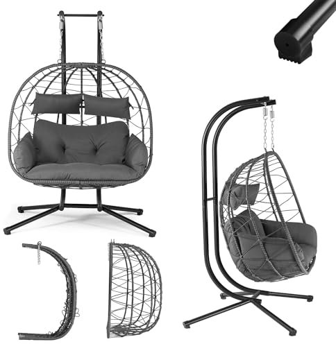 Juskys Doppelhängesessel Aria - Polyrattan Hängesessel mit Gestell & Kissen - Schaukel für Zwei Personen - Outdoor Indoor Sessel - XXL Korb Grau