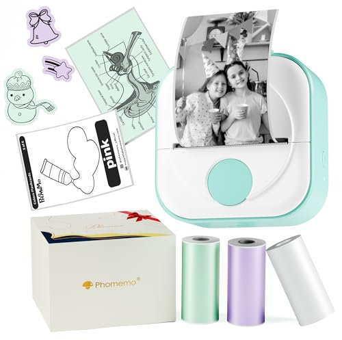 Phomemo Q02 Mini Drucker, Tiny Printer für Studium, Notizen, Bilder, Fotos, Tagebücher, Heimwerken, Sticker Drucker Kompatibel mit Telefon & Tablet, Handy Druckers mit 3 Rollen Papier, Grün