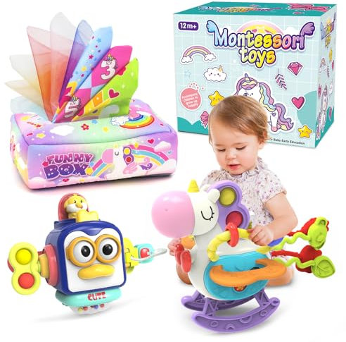 3 in 1 Baby Spielzeug für 6 bis 12 Monate,Tücherbox Motorikwürfel,Montessori Spielzeug ab 1 Jahr, Motorikspielzeug Sensorisches Spielzeug,Geschenk für Baby ab 6 9 12 Monate 1 2 3 Jahr