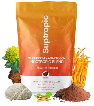 SUPTROPIC | 10-in-1 Mushroom Powder Drink, Organic, Chocolate Mushroom Coffee for Energy & Focus - Incl. Lions Mane, Chaga, Cordyceps, Maca Root, Inulin, Rhodiola, Cacao & KSM 66 Ashwagandha | Vegan