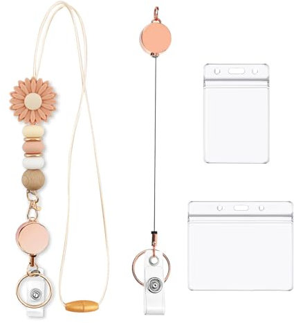Porta Tarjetas Colgante para Mujeres,Lindos Carretes de Insignias con Cuentas de Silicona,Llavero Extensible Retractil de Identificación Transparente,Cordón para Insignias para Profesores,Enfermeras