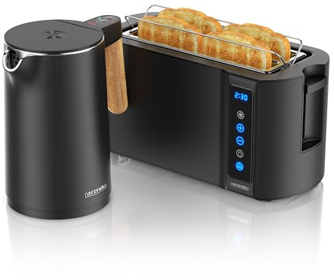 Arendo - Wasserkocher Toaster SET - Edelstahl - Wasserkocher mit Temrpatureinstellung - 45-100 Grad - Warmhaltefunktion - Toaster 4 Scheiben mit Touch Display - mit Brötchaufsatz - Schwarz Matt