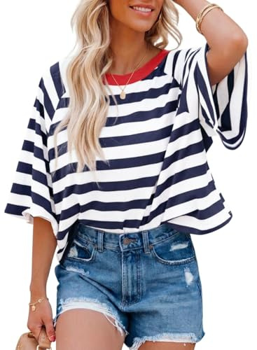 Chicrise Camisetas Manga Corta Mujer Basica A Rayas Holgadas Crop Top Cuello Redondo De Bloques De Color Ligero Informal Camisa Azul Blanco Grande 42-44