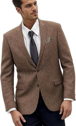 Blazer en tweed pour homme avec coudières, trench-coat vintage, manteaux de sport, veste formelle à revers en pointe, manteau d'affaires, marron clair, XS