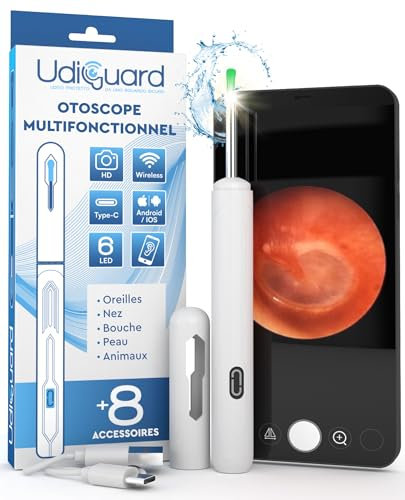 Otoscopio Pulizia Orecchie Rimozione Cerume con Telecamera 1920p WiFi 3,6mm - UdiGuard Pulitore Orecchie Digitale con 6 Luci LED Adulti Bambini Animali - Compatibile con iPhone iPad Android Bianco