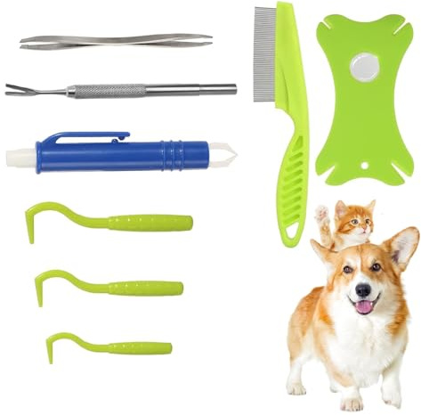 Set di attrezzi per la rimozione delle zecche 8 in 1 per cani e gatti con scatola di immagazzinaggio, efficace, sicuro e semplice, pettine per pulci e zecche in acciaio inox con lente d'ingrandimento