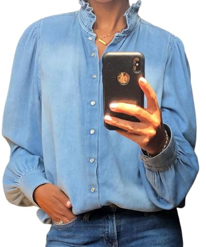 BEYINCUTE Denim Button Down Shirt Women Casual Long Sleeve Ruffled Neck Jean Shirt Business Casual Tops