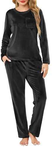 Lovasy Pigiama Donna in Pile Morbido Set Pigiama Invernale Caldo e Soffice Scollo Rotondo Pigiami Due Pezzi Maniche Lunghe con Tasche,A-Nero,M