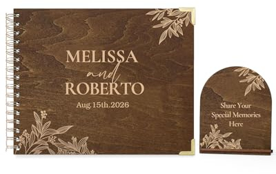 HZGUEOSTB Personalized Wooden Guest Book with Table Sign - 100 Blank Pages 10.8x8.4 inch Spiral Bound Polaroid Sign in Book for Wedding,Party,Anniversary,Funeral,Birthday,Bridal Shower (Vintage Wood)
