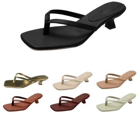 SOOUICKER Women's Kitten Heels Flip Flops - Square Toe Low Heel Thong Sandals -Slip On Comfortable Summer Heeled Sandals for Party, Wedding & Holiday & Casual Summer Wear