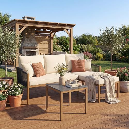 GIANTEX Set Salotto da Esterno, Set Mobili da Giardino 3 Pezzi con Poltrona Chaise Longue, Divano a 2 Posti, Tavolino da Caffè e Cuscini Sfoderabili per Balcone, Terrazzo e Bordo Piscina