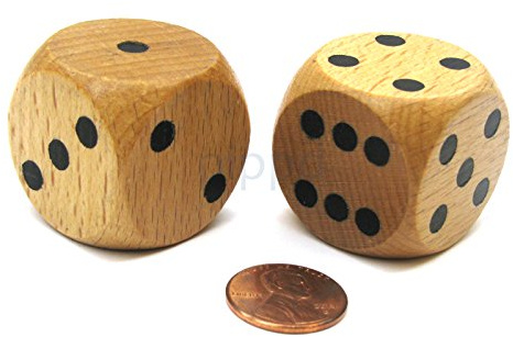 Set of 2 D6 Large Jumbo 30mm Rounded Wood Dice - Wooden with Black Pips