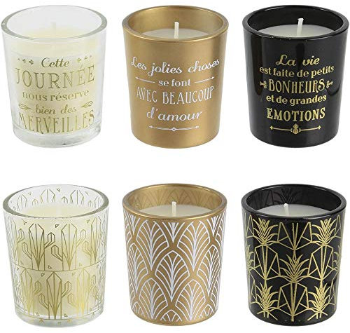 The Candle Factory BO5134 Duftkerzen Home Deco Art Set, 6 sortiert, Vanilleduft, Glas, goldfarben, Schwarz und Transparent, H 5,5 x 14,6 x 18,6 cm