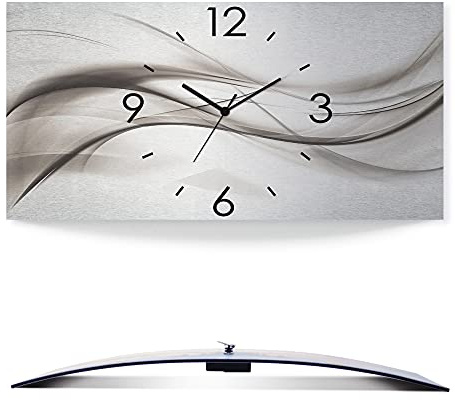 ARTLAND Wanddeko Wanduhr ohne Tickgeräusche Alu Funkuhr 60x30 cm Eckig Lautlos 3D Design Kunst Welle Abstrakt Modern Silber K5ZO