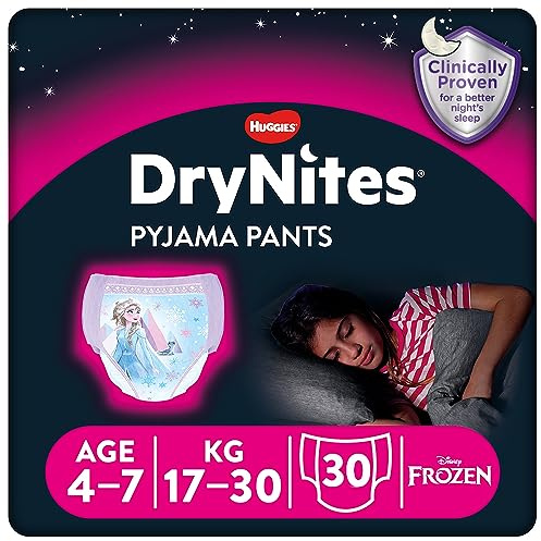 Huggies DryNites Schlafanzughose für Mädchen – Größen 4–7 Jahre (30 Hosen) – unschlagbarer Schutz bei Nacht mit diskretem Schutz und lustigen Designs
