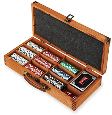Foster & Rye Poker Set with Wooden Box - 225 Poker Chips Set, 2 Decks of Playing Cards, 2 Dice & Carrying Case for Game Nights, Casino Theme Party Supplies, Drinking Games for Adults, Party Games