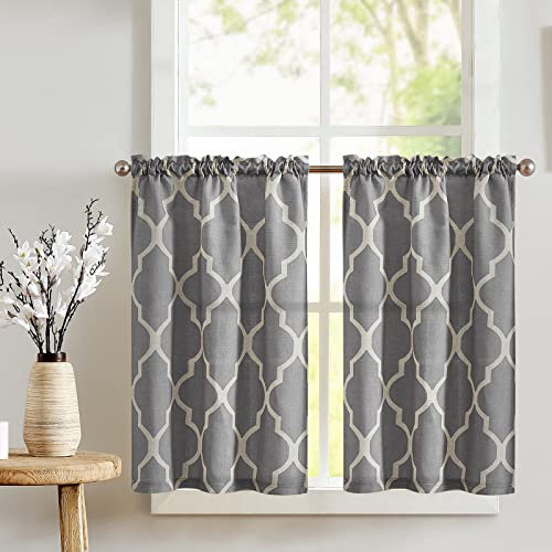 TOPICK Cortina de Cocina con Estampado Geométrico con Bolsillo para Varilla Opaca Lino Aptas para Cocina Bistró Comedor Baño y Pequeñas Ventanas Gris Oscuro Juego de 2 Unidades 65 x 115 cm