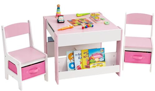 Yorbay Tavolo per Bambini con 2 Sedie, Set di Mobili per Bambini in Legno con Vano Portaoggetti e Scaffalature, 3 in 1, Tavolo da Attività e Tavolo da Tavolo, Cameretta dei Bambini,Sala Giochi