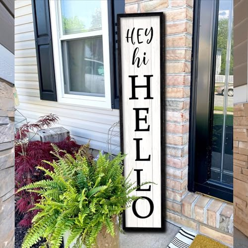 Surfapans Hey Hi Hello Welcome Sign For Front Porch Standing 45X9 Large Outdoor Tall Wood Frame Vertical Wall Decor Rustic Farmhouse Outside Home Modern Front Door Board Decoration (Black)