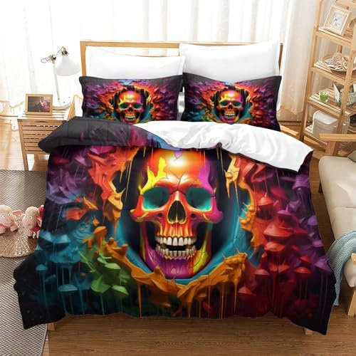 3D-Skelett Bed Linen Mikrofaser 3-Piece Pillowcase 50*75cm Wiht Zip Bed Linen Set Hypoallergener Bettbezug Realistischer Totenkopf Duvet Cover Set Kids Teens Adults All-Season Superkönig（260x220cm）