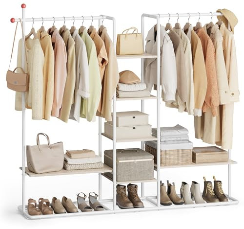 SONGMICS HOME Garderobenständer, offener Kleiderschrank, Kleiderständer, 6 Ablagen, 2 Kleiderstangen, Haken in Streichholz-Form, für Schlafzimmer, naturbeige-mattweiß RGR012K01