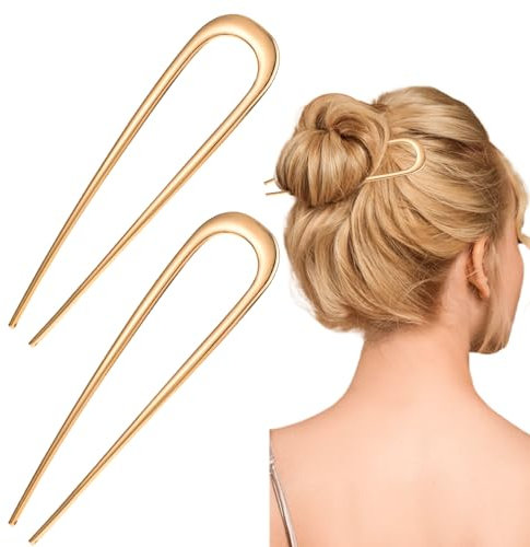 Piriuuo 2 Stück U Förmige Haarnadeln, Goldene Haarnadel aus Edelstahl 14 x 3,5 cm Vintage 2 Zinken Haarknoten Stifte für Frauen und Mädchen U-förmige Haarnadel für den Alltag und Heikle Anlässe