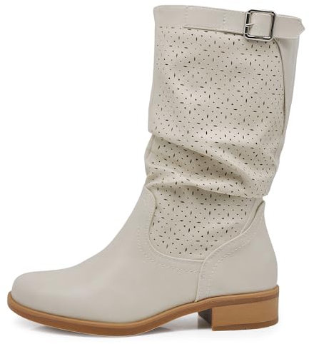 IF Fashion Bottes bottines femme motard percé printemps été avec boucle LY70-4, 205 Beige, 40 EU