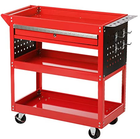 Workshop Garage Tool Storage Trolley Cart with Sliding Drawer, 3-Tier Shelf Heavy Duty DIY Tools Service Carts on Wheels Red w / 4 Hooks and 2 Holes Panels