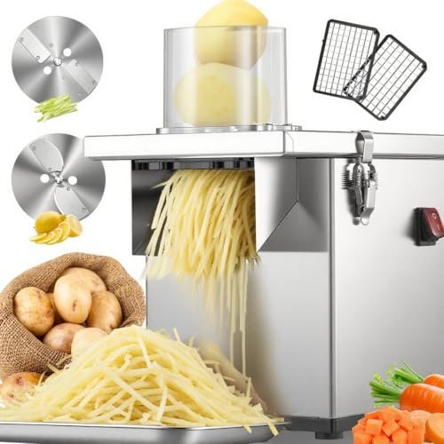 NEWTRY 3 in 1 Commerciale Affettaverdure elettrico - Processore Alimenti 200 W con Carcassa in Acciaio Inox, Taglio a Cubetti, Grattugiatura e Laminazione,150kg/ora